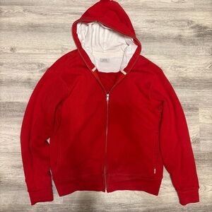 Red AYR Zip-Up Hoodie with thermal knit lining.